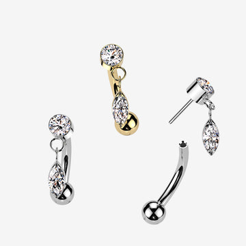 Detail View 1 of Implant Grade Titanium OneFit Threadless Golden Gem Sparkle Marquise Dangle Top Curved Barbell-Clear Gem